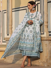 Women's Skyblue Cambric Printed With Embroidery Flared Dress